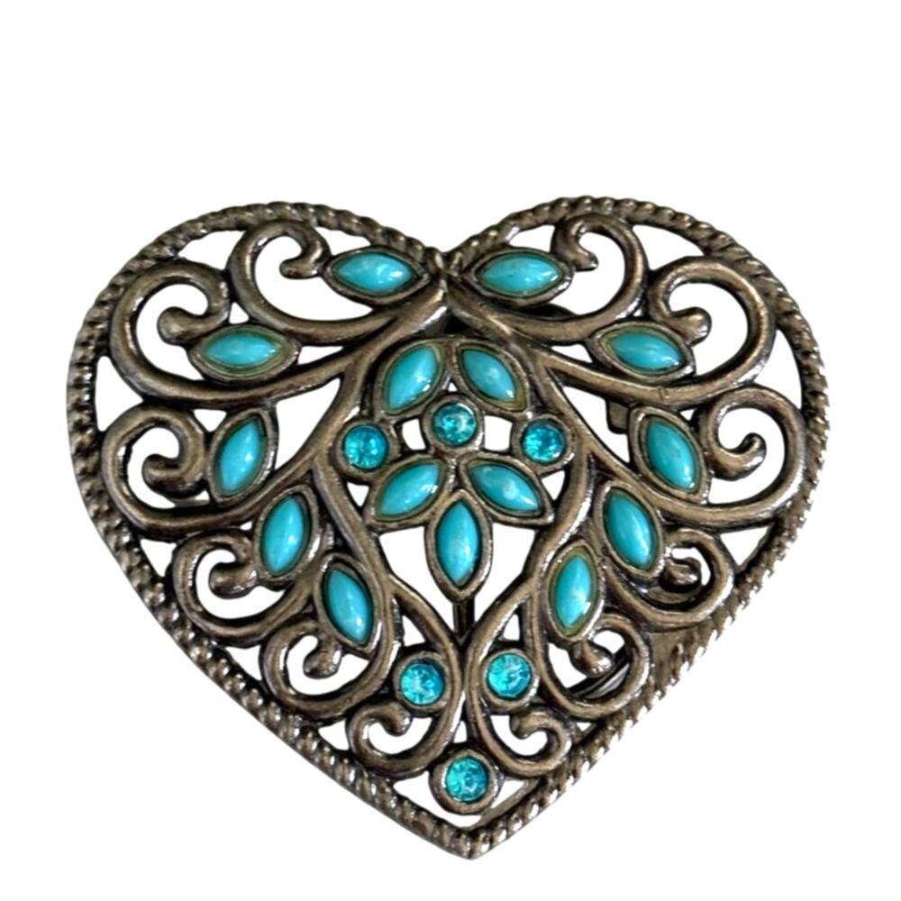 Faux Turquoise Rhinestone Heart Belt Buckle Silver Tone Western Cowgirl